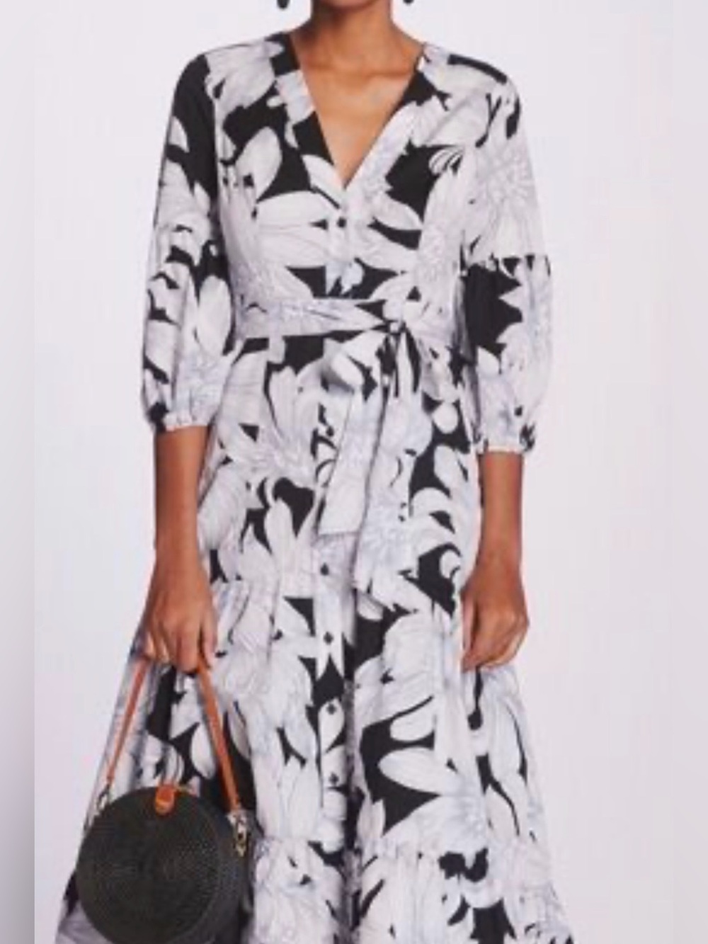 Maeve Black & White Floral V-Neck Midi Dress with Tie Waist